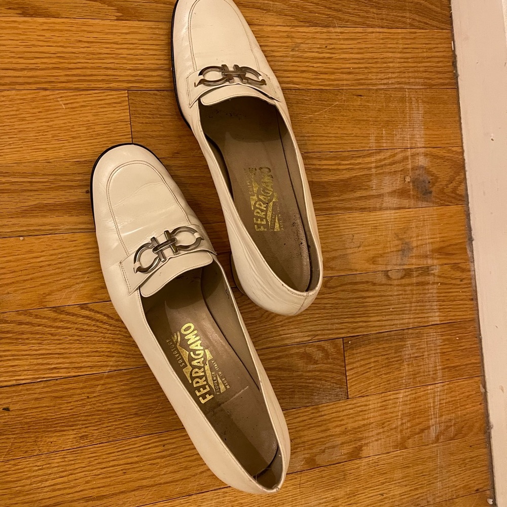 Top style Ferragamo white loafers. Great condition. Classy and mod